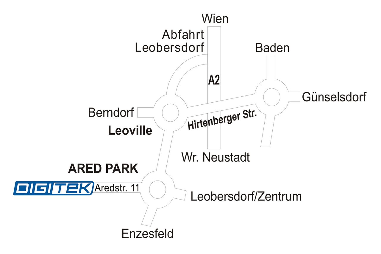 Anfahrtsplan: A2-Abfahrt Leobersdorf, über die Kreisverkehre bei Leoville und Hirtenberger Straße zum Ared Park, Aredstraße 11